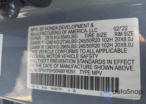 2022 Honda Pilot 2Wd Sport из США, поврежденный, VIN 5FNYF5H30NB018391